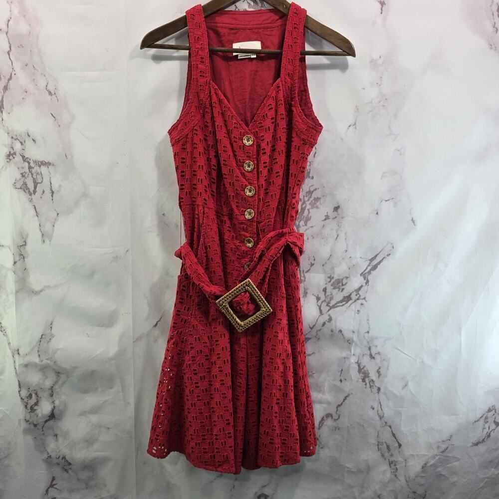 Anthropologie Romper Womens Small 6 Red Eyelet Belted Shorts Jumpsuit Pin Up V